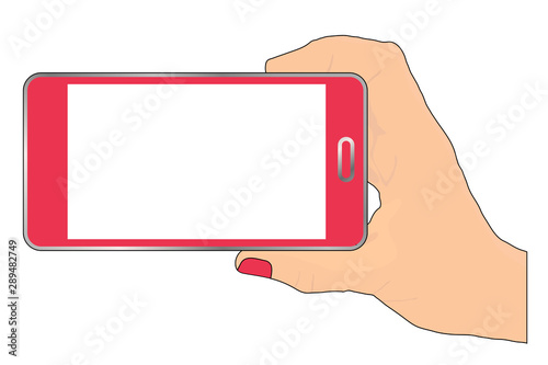 hand of woman is holding red smartphone with the blank screen for add your text or object vector illustration
