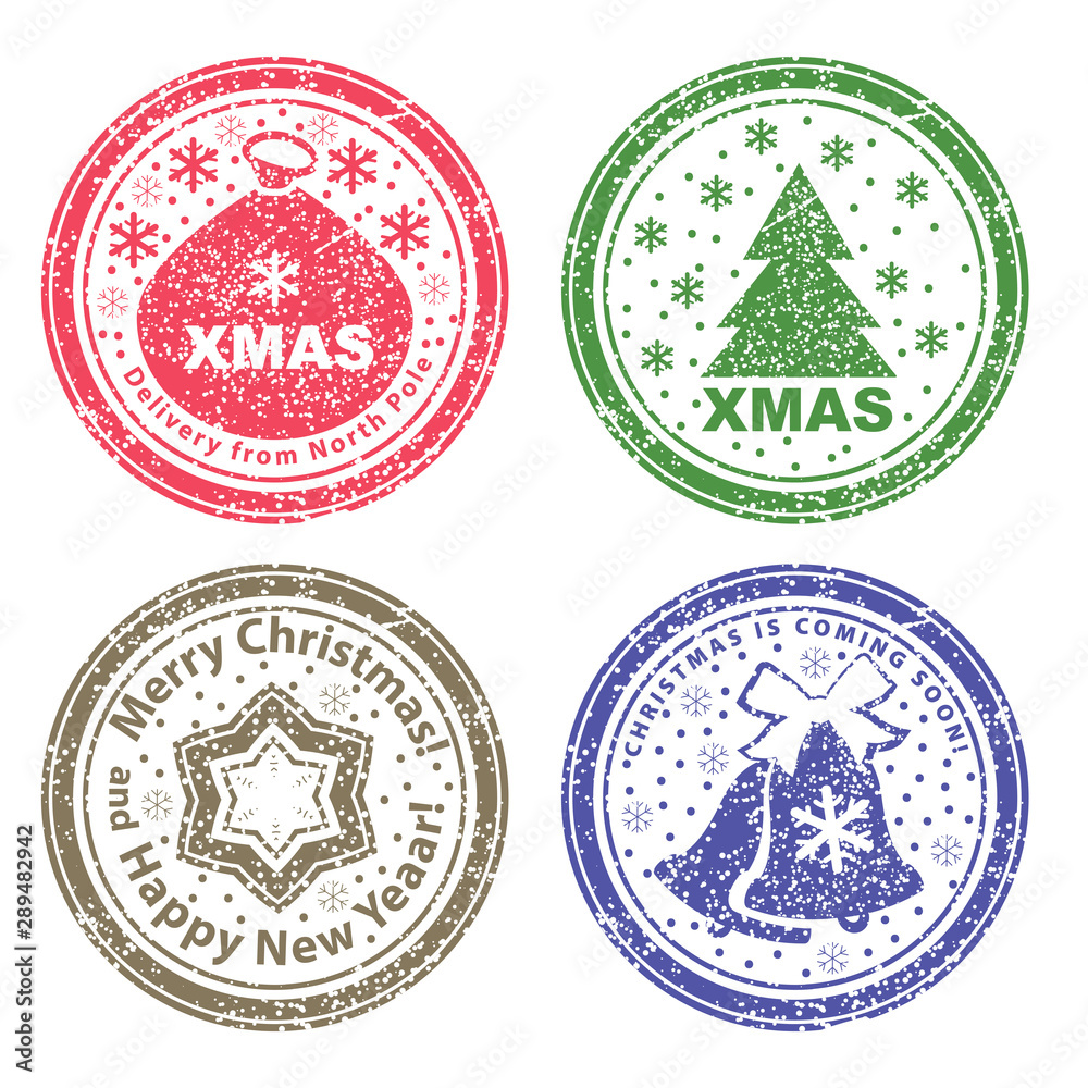 Set of vector stamps. Christmas bag, Christmas tree and bells in snow.