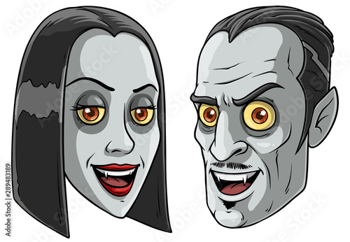 Cartoon colorful smiling funny pale vampire men and women characters with sharp canines. Isolated on white background. Halloween vector icon set.