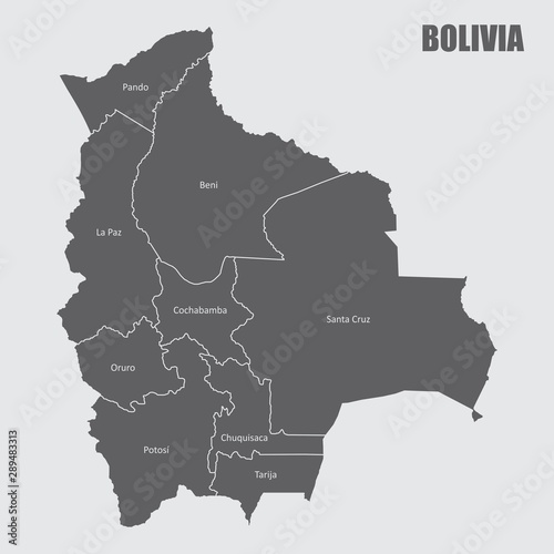 The Bolivia map divided into regions with labels