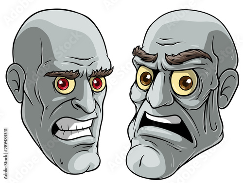 Cartoon colorful angry funny pale bald dead zombie monsters boy characters. Isolated on white background. Halloween vector icon set.