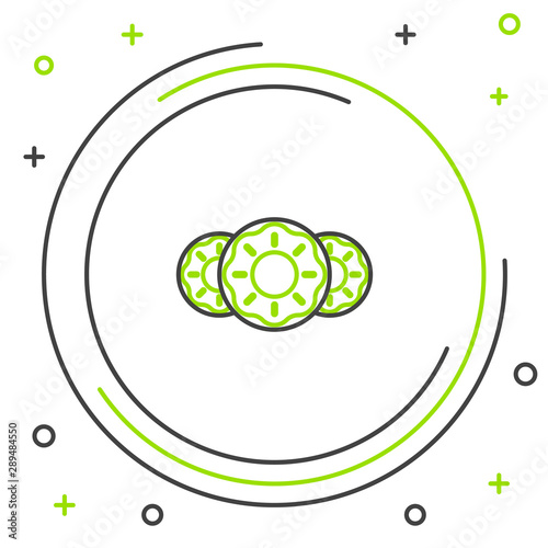 Black and green line Donut with sweet glaze icon isolated on white background. Colorful outline concept. Vector Illustration