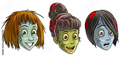 Cartoon colorful smiling funny green dead zombie monsters girl characters with blood on hair. Isolated on white background. Halloween vector icon set.