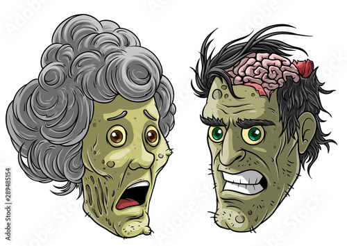 Cartoon colorful angry funny green dead zombie monsters boy and girl characters with brains. Isolated on white background. Halloween vector icon set.