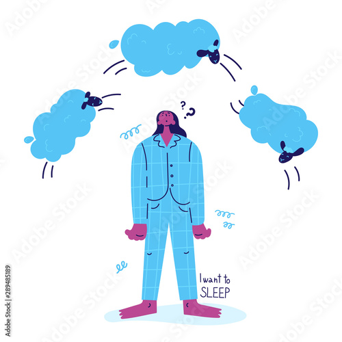  young woman with insomnia stands and counts the sheep jumping over her.Woman suffering from insomnia in pajamas.Girl thinks how to sleep and counts sheep.I want to sleep.Vector illustration