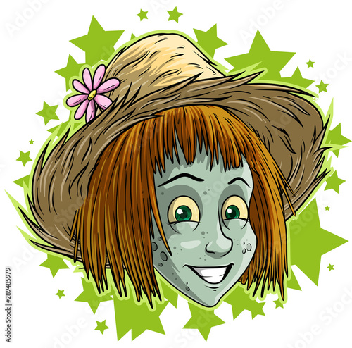 Cartoon colorful smiling funny green dead zombie monster girl character in farmer straw hat. Isolated on white background with stars. Halloween vector icon.