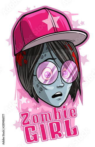 Cartoon colorful smiling funny green dead zombie monster teen girl character in pink sunglasses and cap. Isolated on white background with stars. Halloween vector icon.