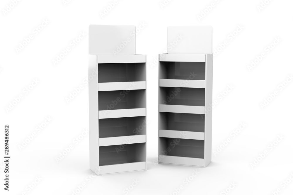 Cardboard Paper Display Stand For Home Appliance At Retail Shop and Chain Store For Promotion, Mock Up Template On Isolated White Background, 3D Illustration. Cardboard Paper Display Stand For Home Appliance At Retail Shop and Chain Store For Promotion, Mock Up Template On Isolated White Background, 3D Illustration.