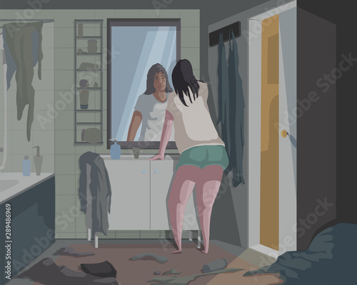 Depressed woman looks at the mirror in messy bathroom. Apathy, loneliness and despair emotions. Vector illustration