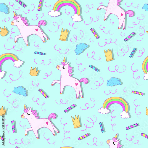 Fototapeta Naklejka Na Ścianę i Meble -  Childish seamless pattern. colorful cartoon unicorns, rainbows, clouds, decorative elements on a light neutral background. vector. design for textile, fabric, print, wrapping paper. hand drawing. 