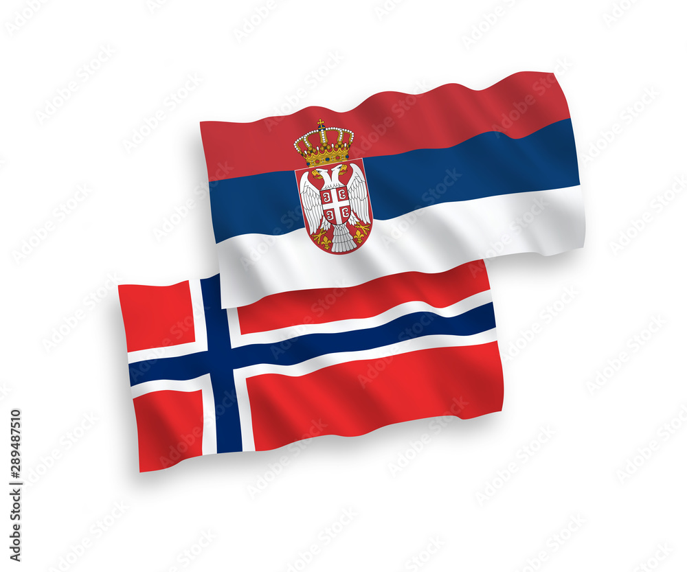 National vector fabric wave flags of Norway and Serbia isolated on white background. 1 to 2 proportion. National vector fabric wave flags of Norway and Serbia isolated on white background. 1 to 2 proportion.