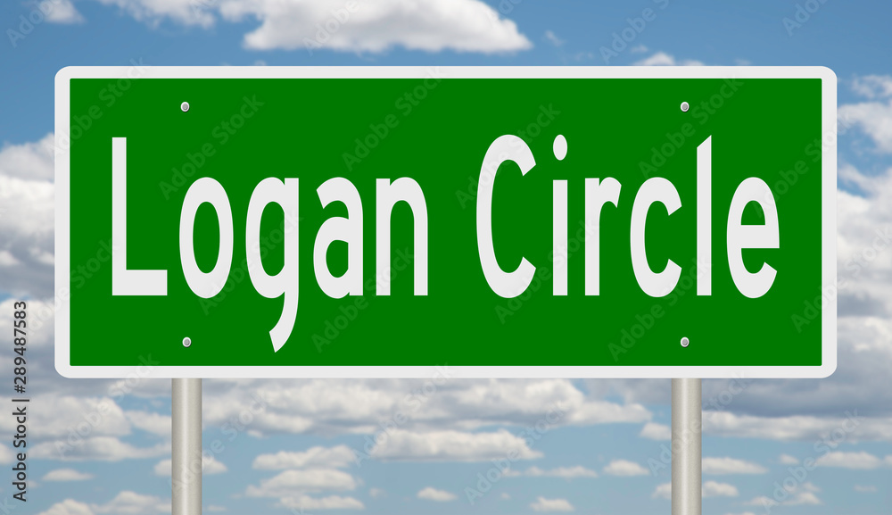 Rendering of a green highway sign for the Washington, DC neighborhood of Logan Circle Rendering of a green highway sign for the Washington, DC neighborhood of Logan Circle