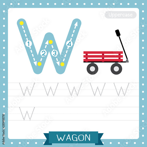 Letter W uppercase tracing practice worksheet. Wagon