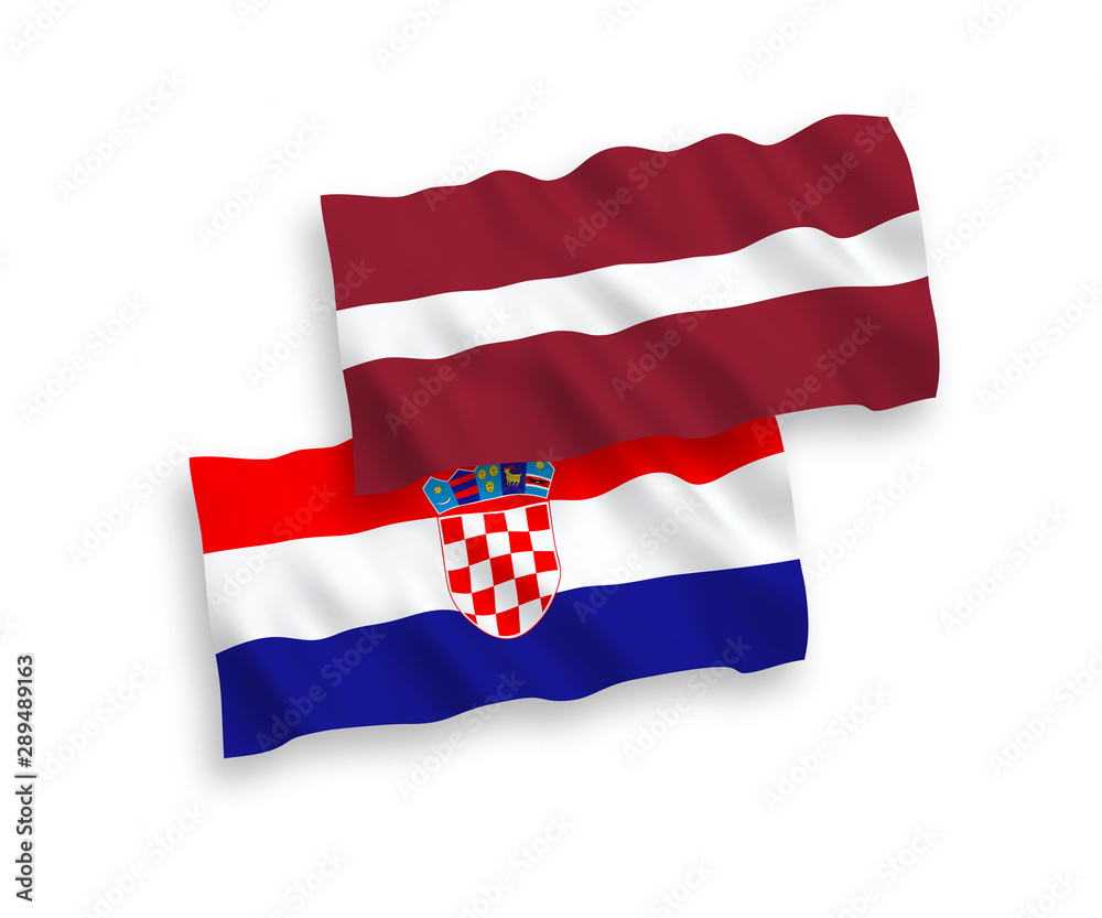 Naklejka premium National vector fabric wave flags of Latvia and Croatia isolated on white background. 1 to 2 proportion.