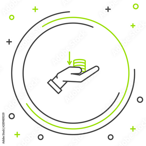 Black and green line Money on hand icon isolated on white background. Palm holds cash with down. Cash salary decrease. Colorful outline concept. Vector Illustration