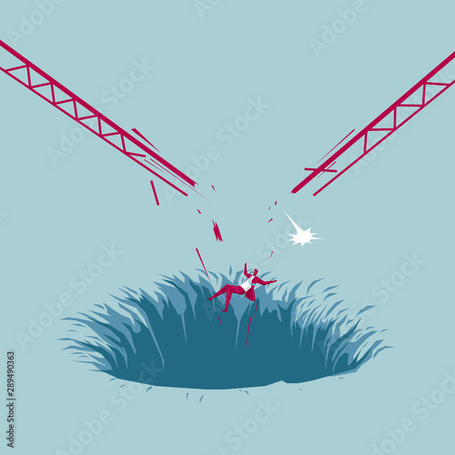 The businessman fell into the trap. Isolated on blue background.