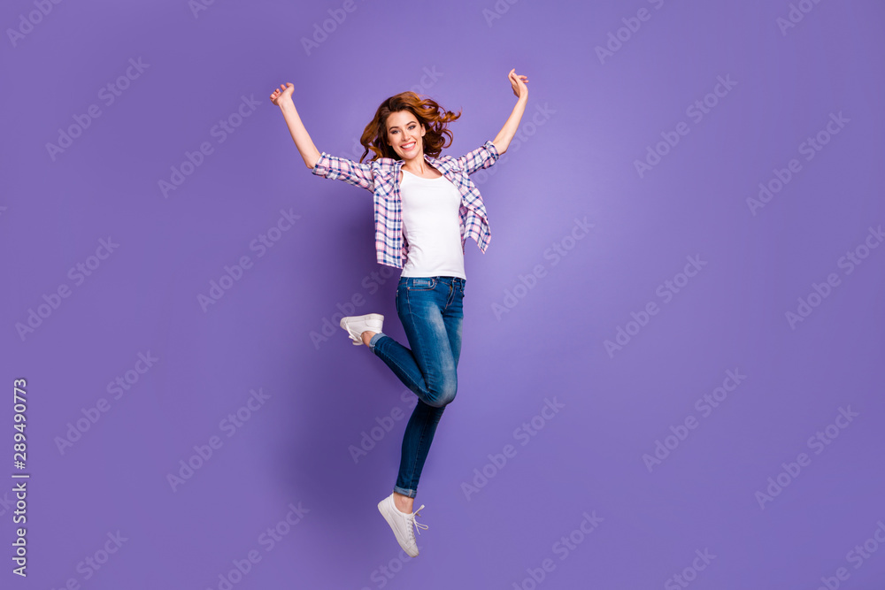 Full body photo of cool foxy lady jumping high enjoy final season discounts wear casual outfit isolated purple color background