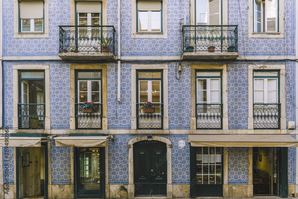 Lisbon facade with portuguese tiles on the wall