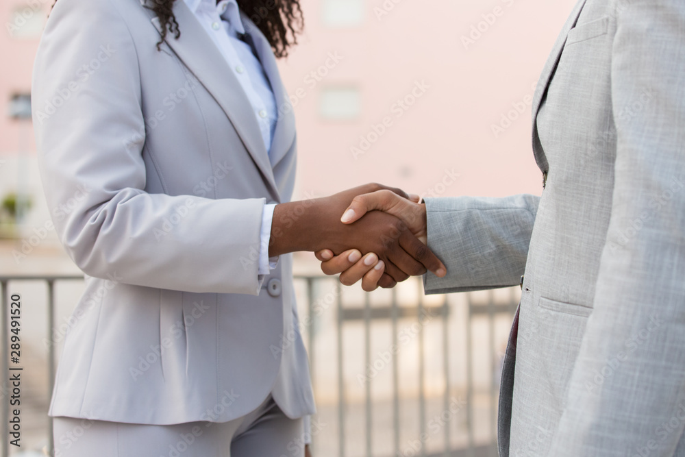 Fototapeta premium Agent and customer meeting outside. Business man and black woman in office suits standing outside and shaking hands. Cooperation concept