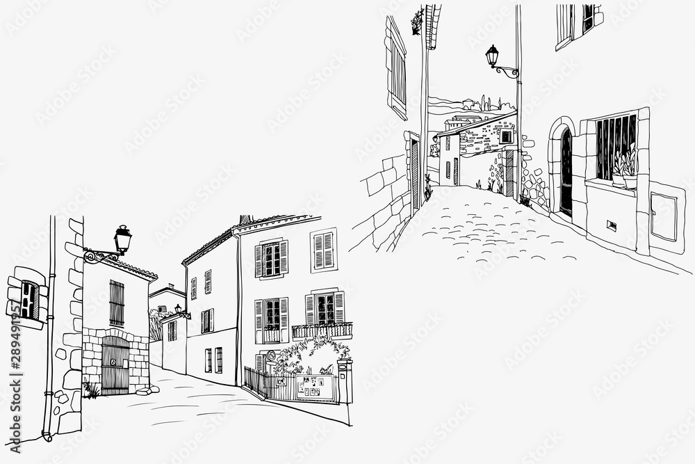 Two pictures with nice old streets in romantic Provence, France. Urban sketches