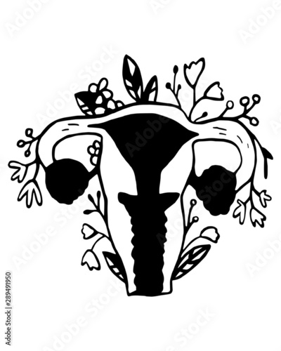 Watercolor women's print, organ of the uterus , vagina, with flowers, feminism, female nature.