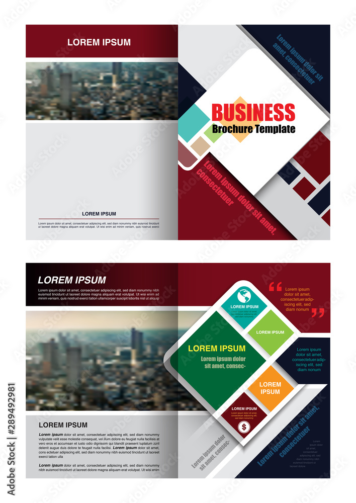 Business brochure template and graphic a4 scale, colorful infographic design element, red with dark blue color theme, vector illustration