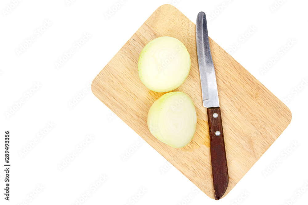 Cut in half onion and knife on wooden isolated on white background. Cut in half onion and knife on wooden isolated on white background.