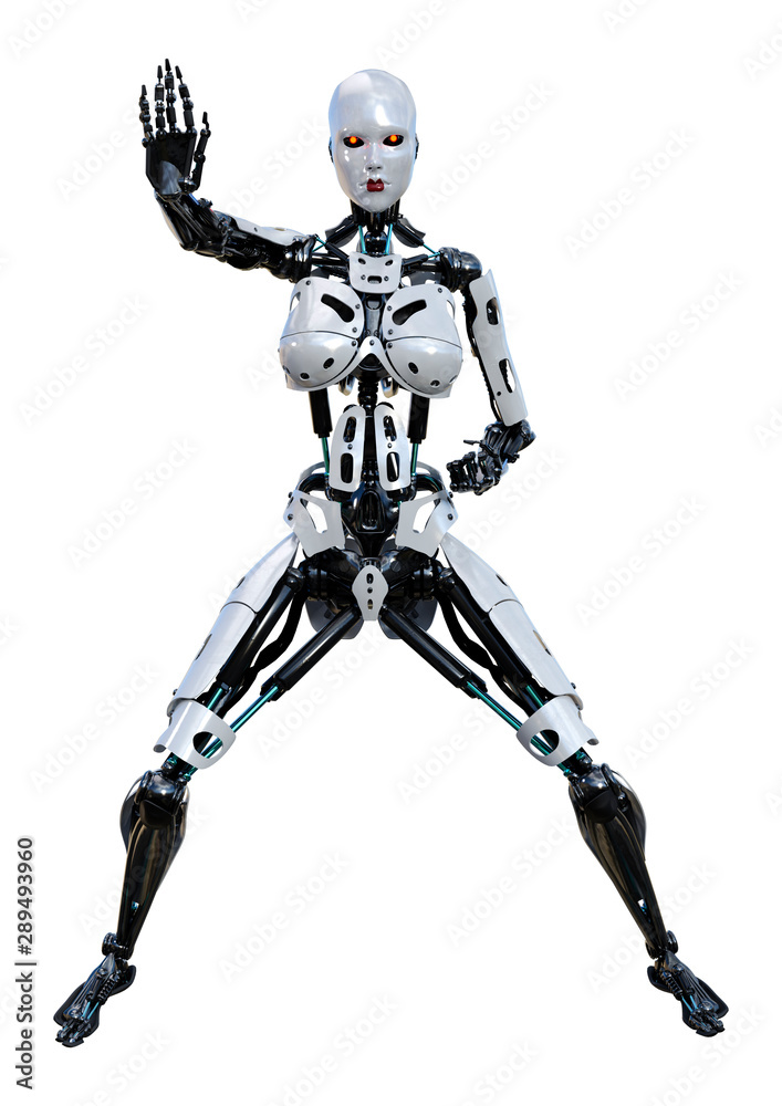 3D Rendering Female Robot on White