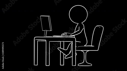 Animation of typing cartoon character. White line on black background.  Office, bureau, classroom, home