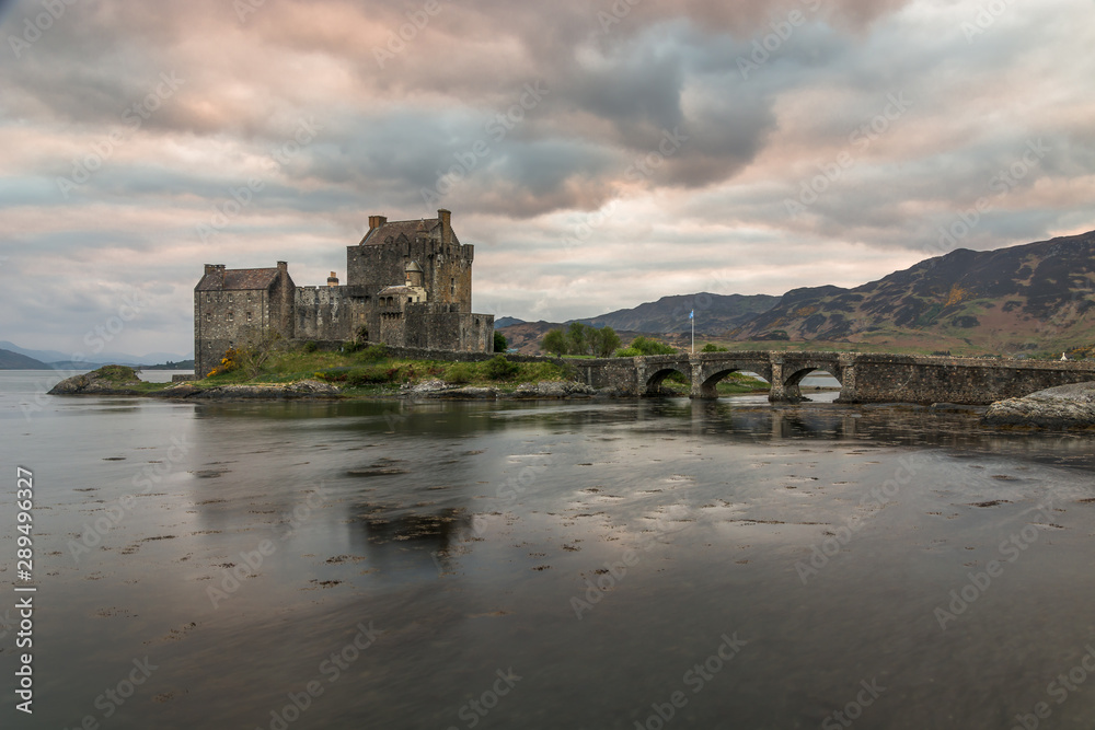 Eilean Donan Castle Scotland landmark Scottish old fortress medieval lake bay bridge beautiful view long exposure