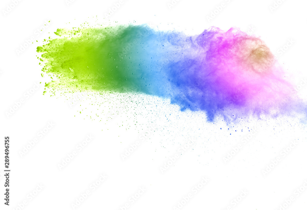 Obraz premium Abstract powder splatted background. Black powder explosion on white background. Colored cloud. 