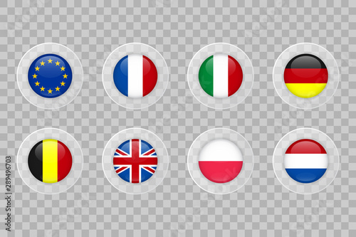 European Union, France, Italy, Germany, Belgium, United Kingdom, Poland, Netherlands flag on transparent background. Isolated vector icon set for web, design, decoration, business, travel, infographic