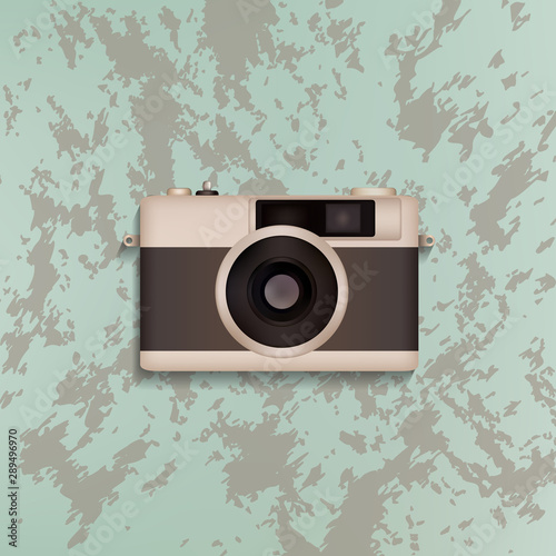 DSLR retro style photo camera with big optical viewfinder. Vector illustration old background