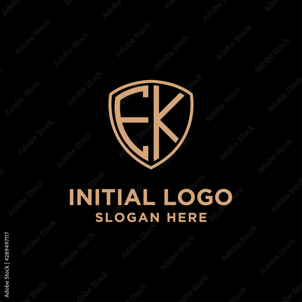 Naklejka premium initial letters logo E K black background shield shape