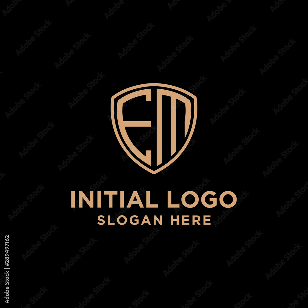 Fototapeta premium initial letters logo E M black background shield shape