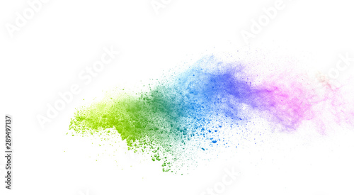 Freeze motion of colorful color powder exploding on white background.  Paint Holi.