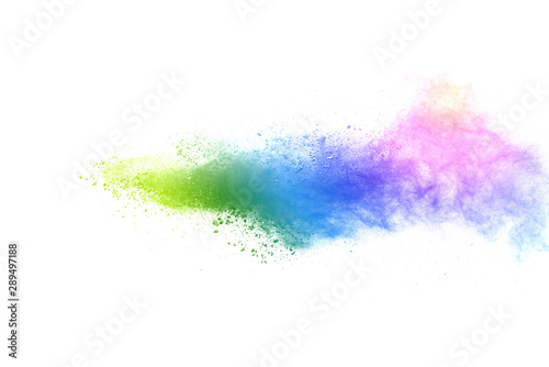 Freeze motion of colorful color powder exploding on white background. Paint Holi.