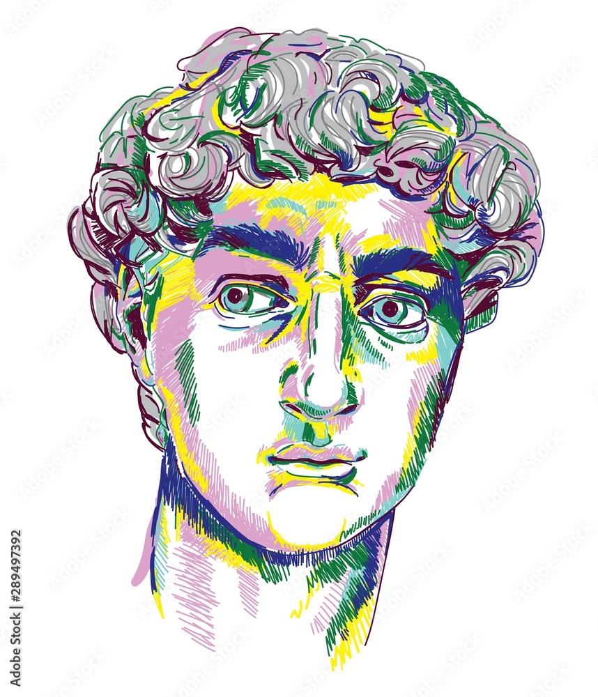 Greek sculpture young man. Greek statue Renewal, famous sculpture. Drawing  markers, pop art. Stylish poster. Stock Vector | Adobe Stock