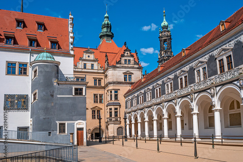 Historical center and colorful painted buildings in downtown of Dresden in summer with blue sky, Germany