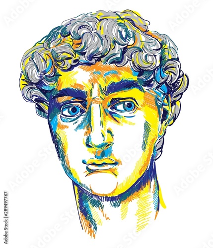 Greek sculpture young man. Greek statue Renewal, famous sculpture. Drawing markers, pop art. Stylish poster.