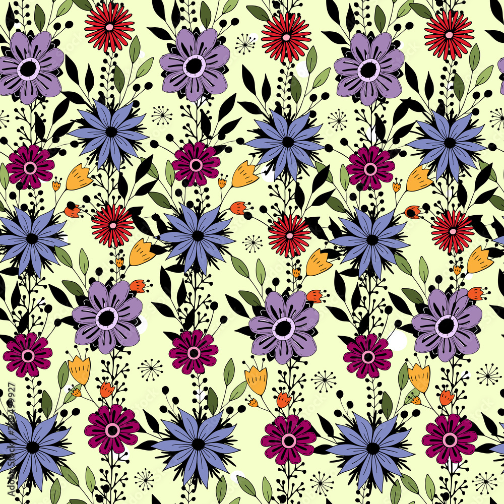 Gentle seamless pattern with cute color flowers and decorative elements. vector. hand drawing