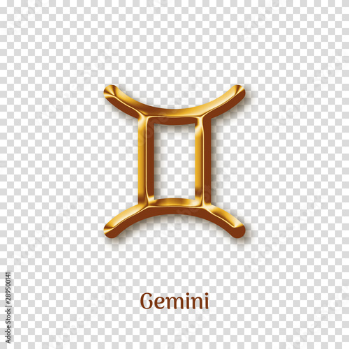 Gemini golden zodiac sign on transparent background. Luxury star sign for astrology horoscope prediction. Glossy zodiac symbol. Realistic gold design of horoscope constellation vector illustration