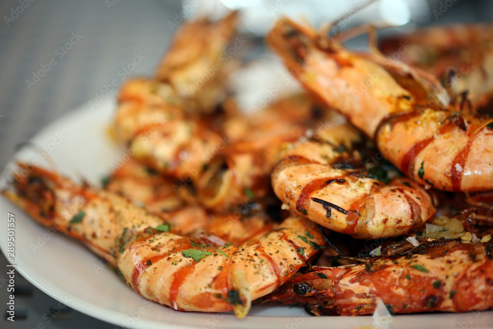 Grilled Black Tiger Shrimps, close up Grilled Black Tiger Shrimps, close up