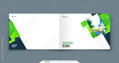 Green Horizontal Brochure Cover Template Layout Design. Landscape Corporate business Annual Report, Catalog or Magazine Mockup. Creative green modern bright eco concept with square shape
