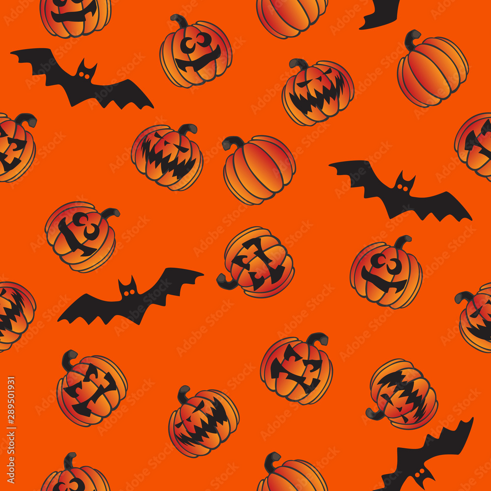 Halloween Jack O' Lantern Pumpkins and Bats Seamless Repeating Pattern Vector Illustration