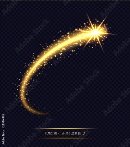 Magic golden star light effect isolated on transparent background. Luminescent stardust with bright bokeh and sparkles. Vector illustration.