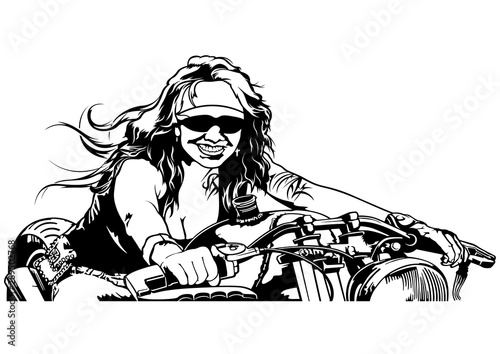Woman Motorcyclist - Black and White Outline Illustration with Female Rider on Motorcycle, Vector