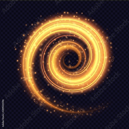 Magic fiery light spiral effect isolated on transparent background. Luminescent stardust swirl with bright bokeh and sparkles. Vector illustration.