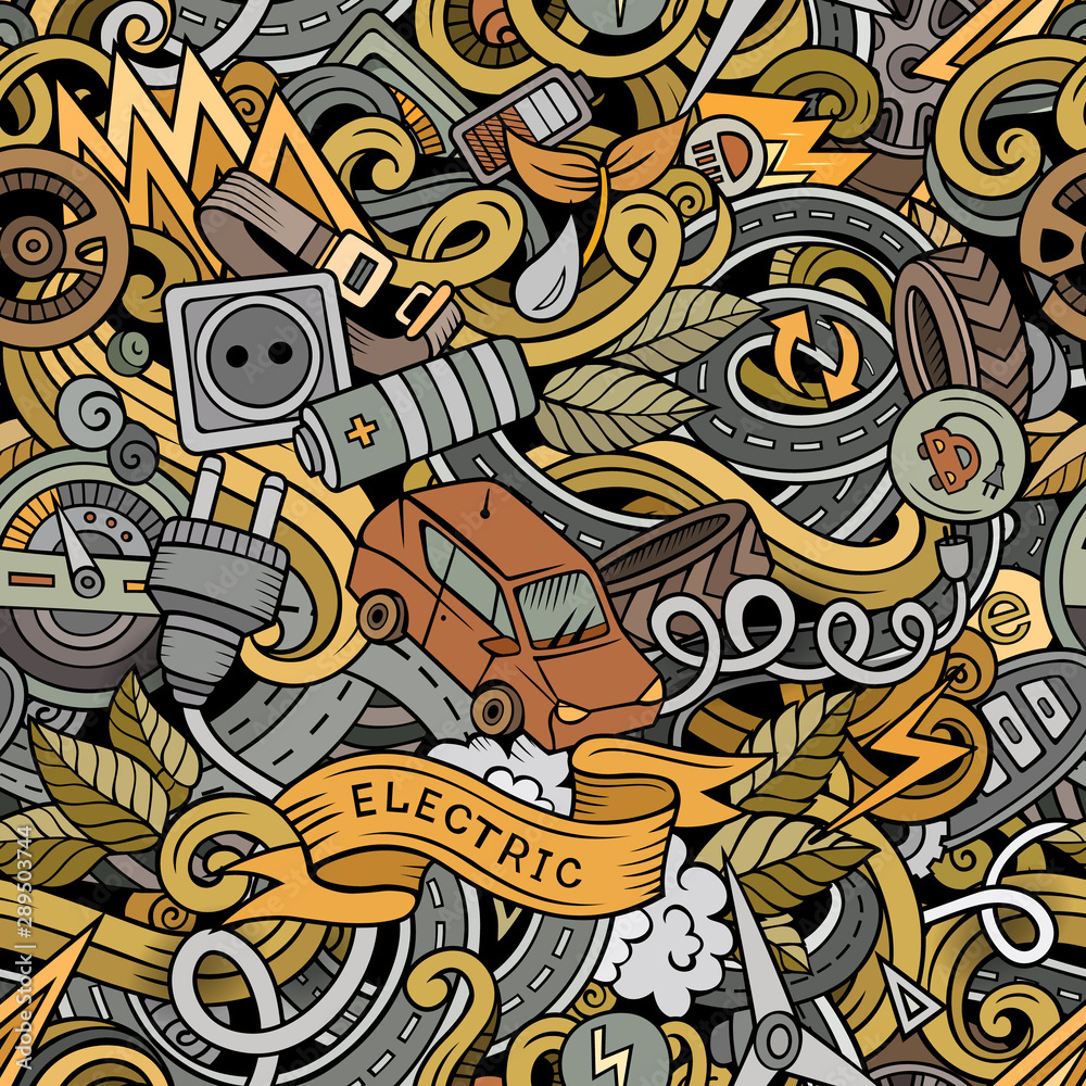 Cartoon cute doodles hand drawn Electric vehicle seamless pattern