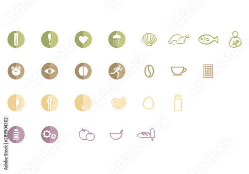 PrintVector illustration of logo, icons or pictograms of attributes of healthy life, staying fit and full of energy, having good life quality, keeping diet, being slim and strong, good food